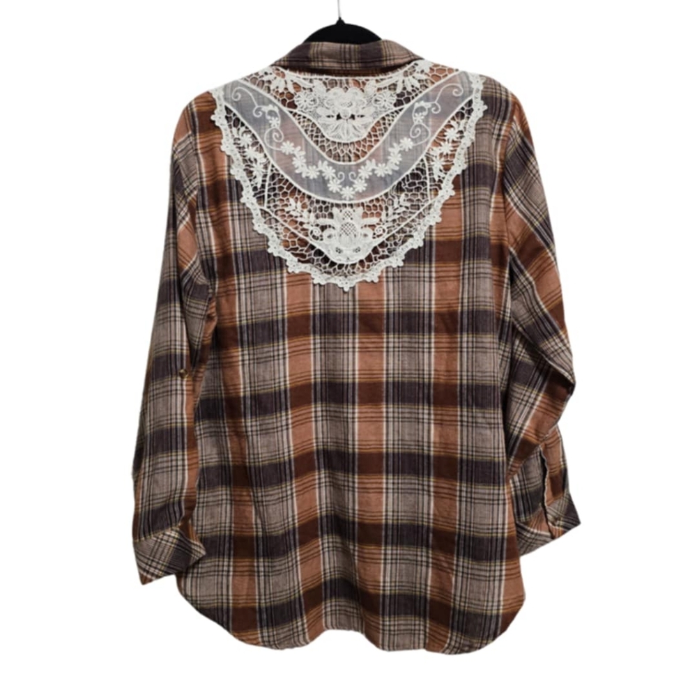 Linda Anderson Crochet Back Plaid Western Boho Cowgirl Shirt XL